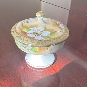 Nippon Gold Painted Floral Decorative Trinket Dish with Lid